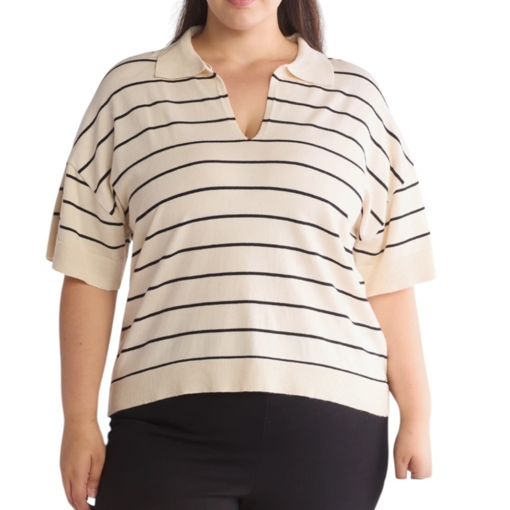 NWT Max Studio Women's Plus Size Striped Cream and Black Polo Sweater Top Sz 1X